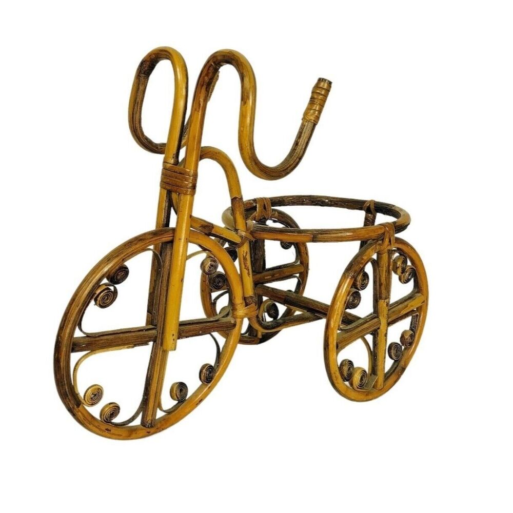 Vintage 80s Bohemian Wicker Rattan Bamboo Bicycle Planter Plant Holder Stand